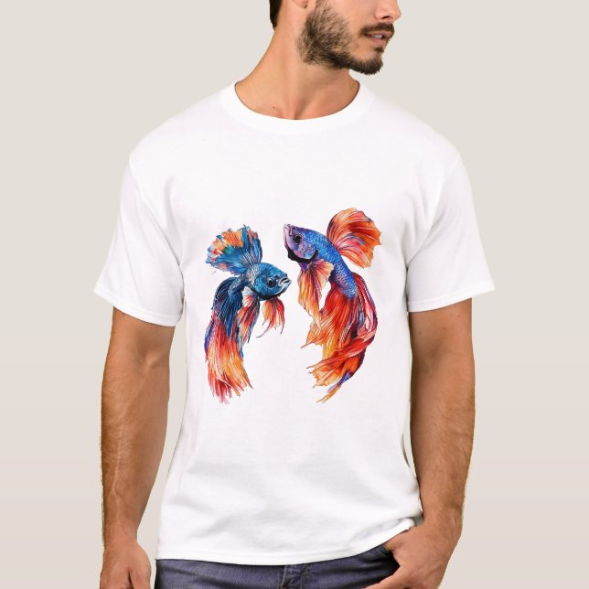 Siamese Fighting Fish, Twins, Watercolor, Wall Art T-Shirt (Front)