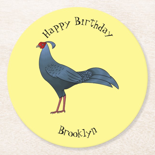 Siamese fireback bird cartoon illustration round paper coaster (Front)