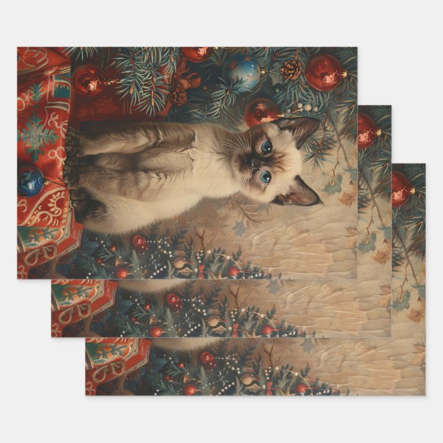 Siamese Kitten Christmas Vintage Decoupage Wrapping Paper Sheet (Set)