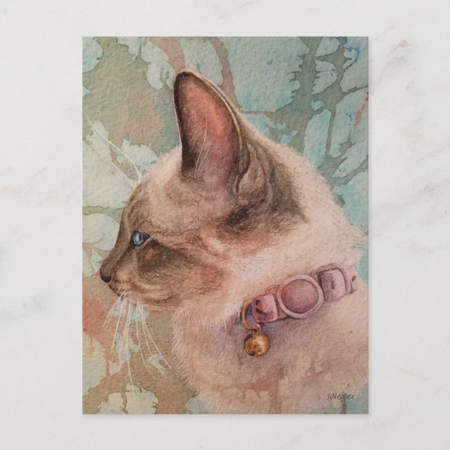 Siamese Kitten Pink Collar Watercolor Art Postcard (Front)
