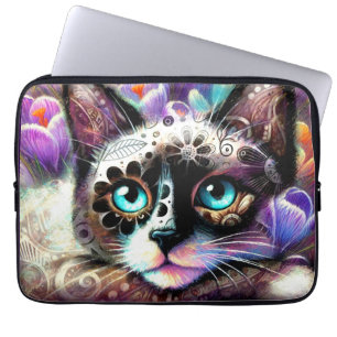 Siamese Kitty Cat Crocus Floral Purple Teal White Laptop Sleeve