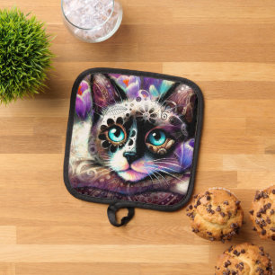 Siamese Kitty Cat Crocus Floral Purple Teal White Pot Holder