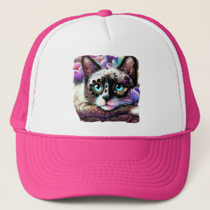 Siamese Kitty Cat Crocus Floral Purple Teal White Trucker Hat