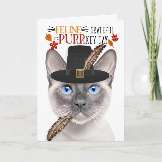 Siamese Lilac Point Cat Grateful for PURRkey Day Holiday Card (Front)
