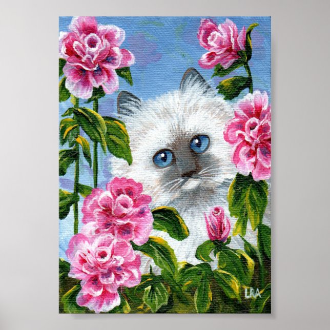 Siamese Ragdoll Cat Pink Roses Creationarts Poster (Front)