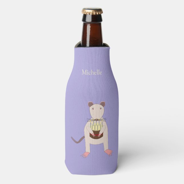 Siamese Rat with Birthday Cake Custom Name Bottle Cooler (Bottle Front)