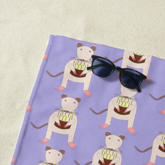 Siamese Rat with Birthday Cake Patterned Beach Towel (In Situ)