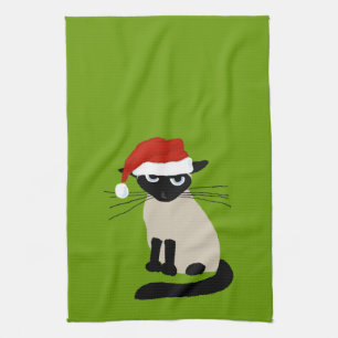 Siamese Santa Claws - Funny Holiday Kitty Cat Tea Towel
