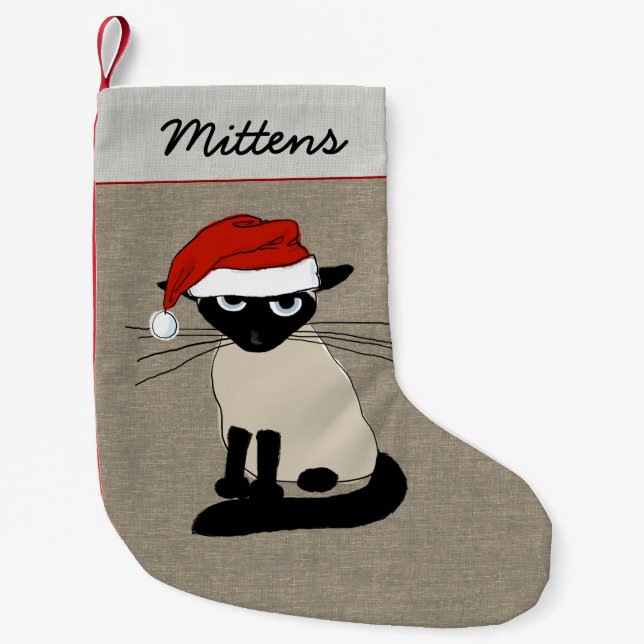 Siamese Santa Claws Funny Kitty Cat Holiday Xmas Small Christmas Stocking (Front)