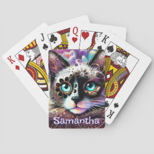 Siamese White Kitty Cat Crocus Floral Personalised Playing Cards