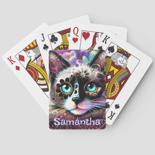 Siamese White Kitty Cat Crocus Floral Personalised Playing Cards (Back)