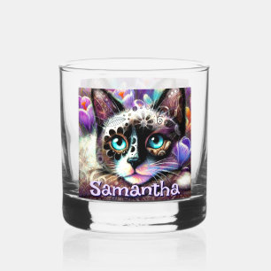 Siamese White Kitty Cat Crocus Floral Personalised Whiskey Glass