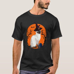 Siamess Cat Cute Halloween Witch Hat And Moon T-Shirt