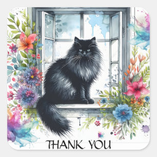 Siberian Black Cat in Window Summer Flowers Square Sticker
