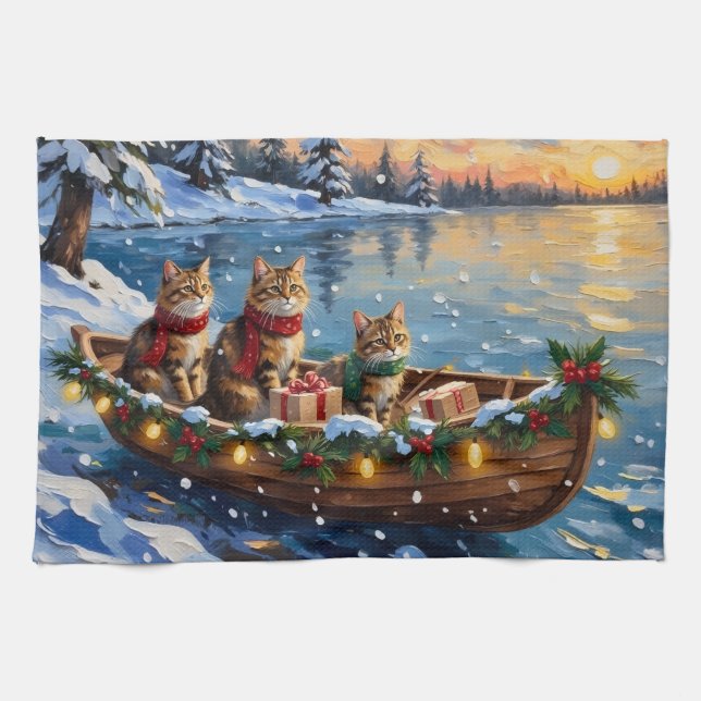 Siberian Cat Christmas Boat Holiday Tea Towel (Horizontal)