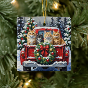 Siberian Cat Christmas Red Truck Holiday Ceramic Ornament