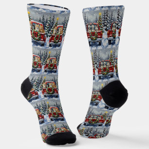Siberian Cat Christmas Red Truck Holiday Socks
