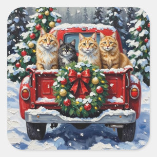 Siberian Cat Christmas Red Truck Holiday Square Sticker