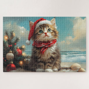 Siberian Cat Christmas Vintage Beach Jigsaw Puzzle