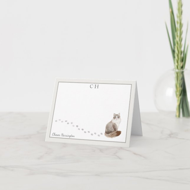 Siberian Cat Grey Border Monogram Name Folded Thank You Card (Front)