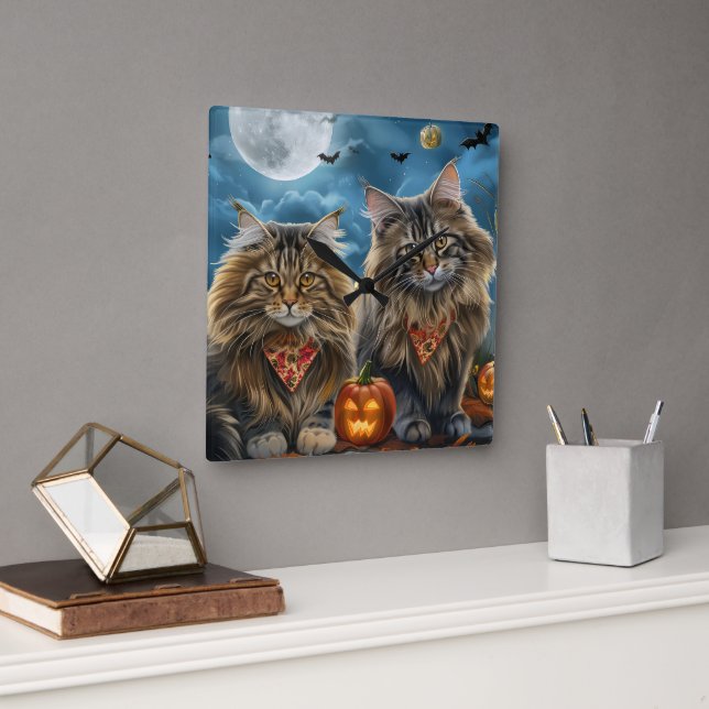 Siberian Cat Halloween Spooky  Square Wall Clock (Office)