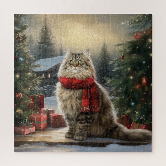 Siberian Cat in Snow Christmas Jigsaw Puzzle (Vertical)