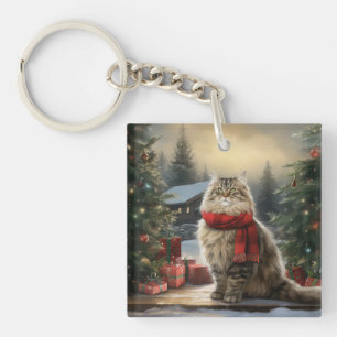 Siberian Cat in Snow Christmas Key Ring