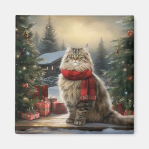 Siberian Cat in Snow Christmas Magnet