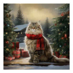 Siberian Cat in Snow Christmas Poster