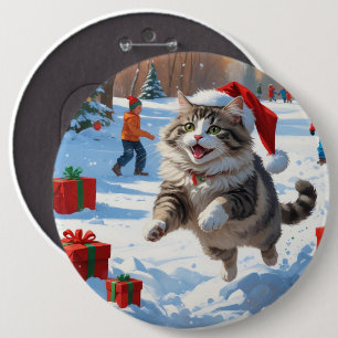 Siberian Cat Running in Snow with Christmas Hat 6 Cm Round Badge