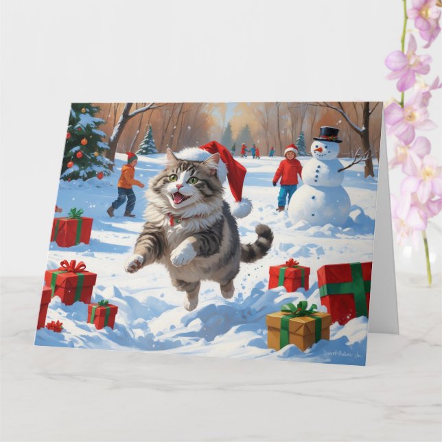 Siberian Cat Running in Snow with Christmas Hat Card (Orchid)