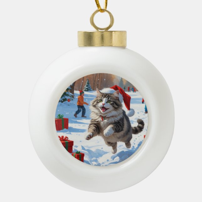 Siberian Cat Running in Snow with Christmas Hat Ceramic Ball Christmas Ornament (Front)
