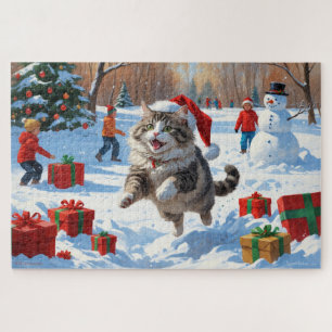 Siberian Cat Running in Snow with Christmas Hat Jigsaw Puzzle