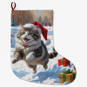 Siberian Cat Running in Snow with Christmas Hat Large Christmas Stocking