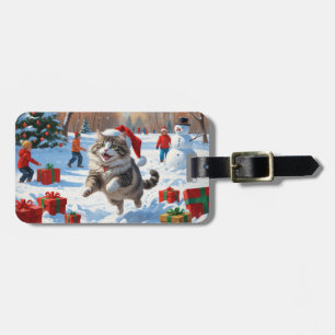 Siberian Cat Running in Snow with Christmas Hat Luggage Tag