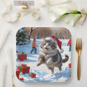 Siberian Cat Running in Snow with Christmas Hat Paper Plate