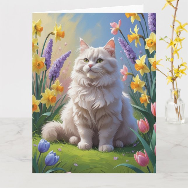 Siberian Cat Spring Flowers Painting Card (Yellow Flower)