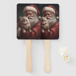 Siberian Cat With Santa Claus Festive Christmas Hand Fan
