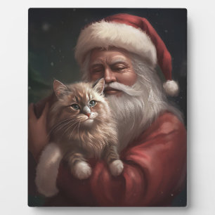 Siberian Cat With Santa Claus Festive Christmas  Plaque