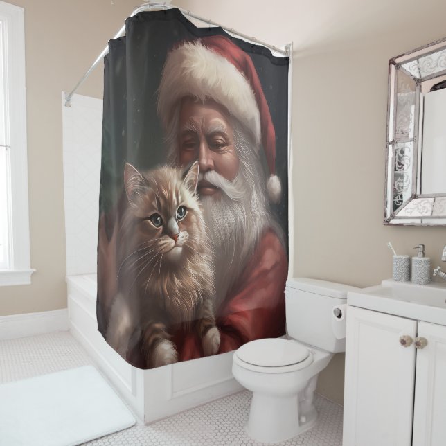 Siberian Cat With Santa Claus Festive Christmas  Shower Curtain (In Situ)