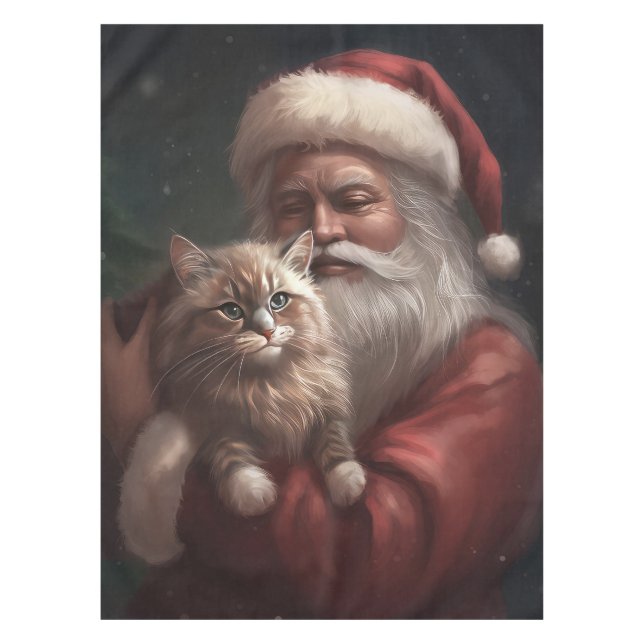 Siberian Cat With Santa Claus Festive Christmas  Tablecloth (Front)