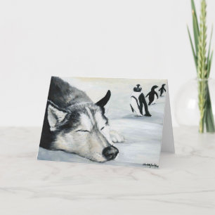 "Siberian Huskey's Penquin Dream" Dog Art Greeting Card