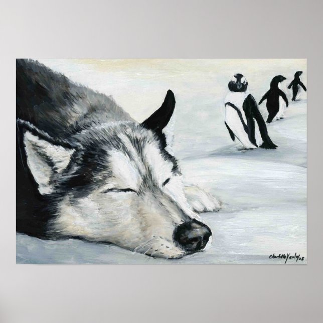 "Siberian Huskey's Penquin Dream" Dog Art Poster (Front)