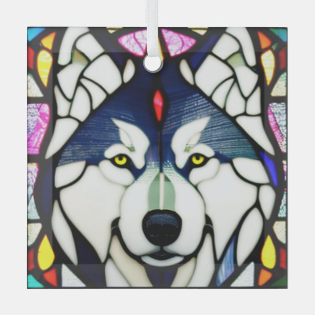 Siberian Huskie "Stained Glass"  Glass Tree Decoration (Front)