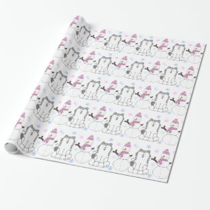 Siberian Husky And Snowman Wrapping Paper