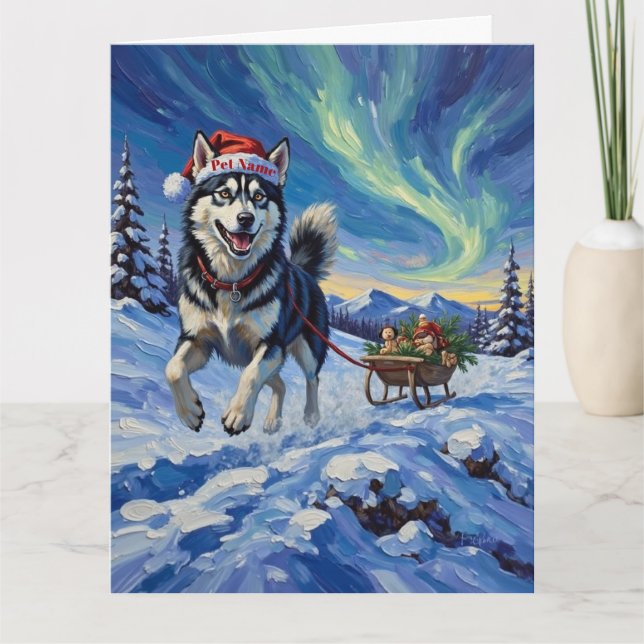Siberian Husky Arctic Sled Run Christmas Hat Card (Front)