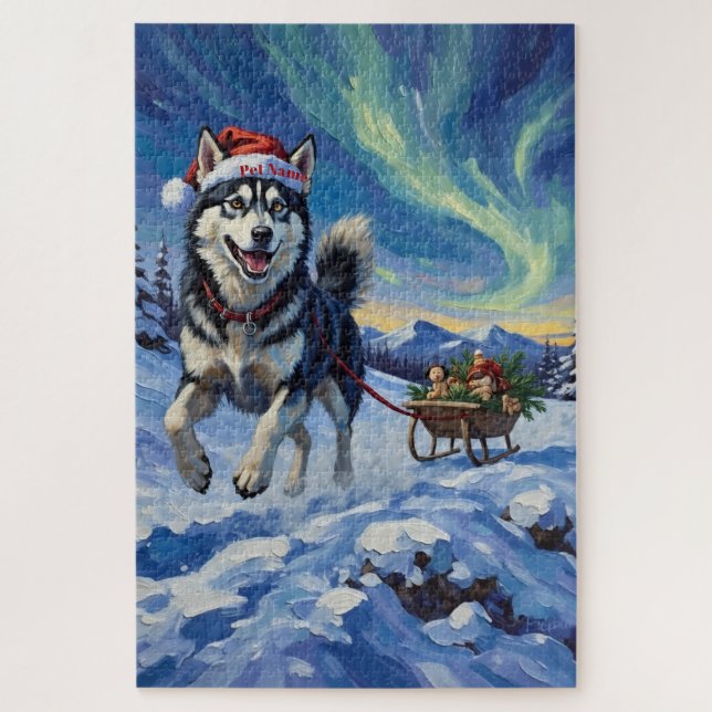Siberian Husky Arctic Sled Run Christmas Hat Jigsaw Puzzle (Vertical)