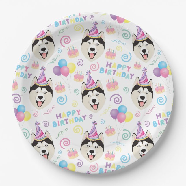 Siberian Husky Birthday Party Paper Plates White (Front)