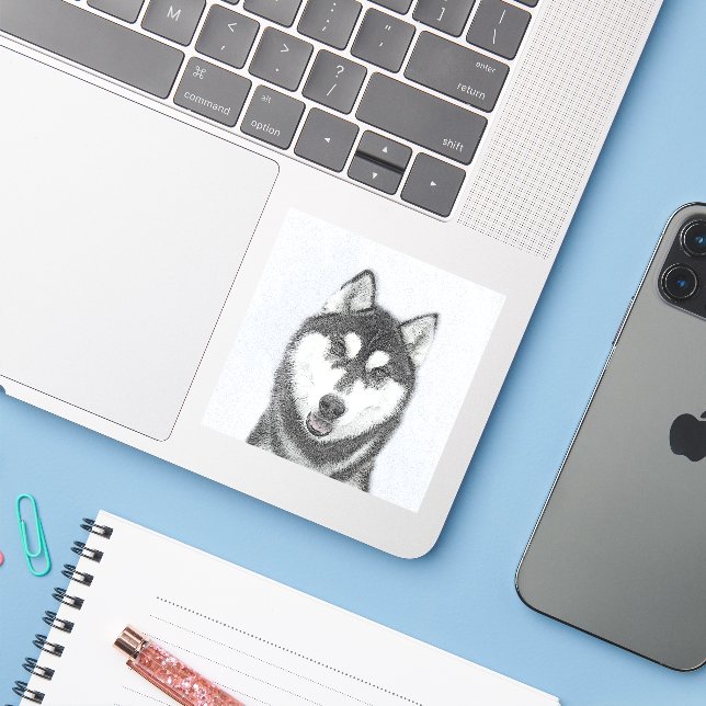 Siberian Husky (Black and White) Painting Dog Art (Laptop w/ iPhone)