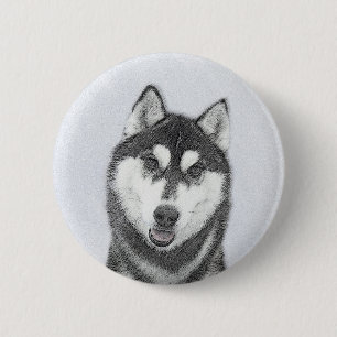 Siberian Husky (Black and White) Painting Dog Art 6 Cm Round Badge